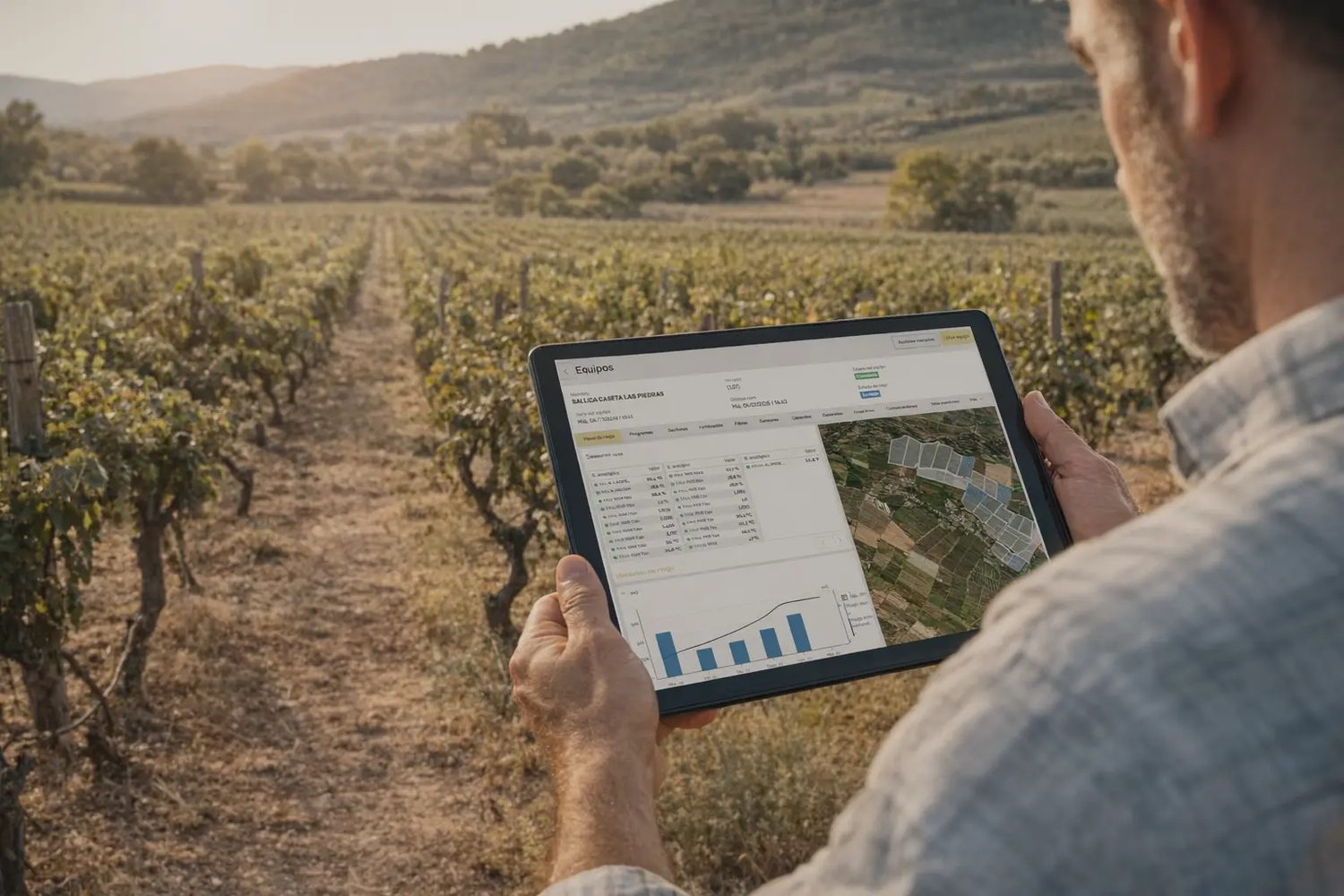 Homem a consultar o painel de rega de um programador Agrónic num tablet, numa vinha